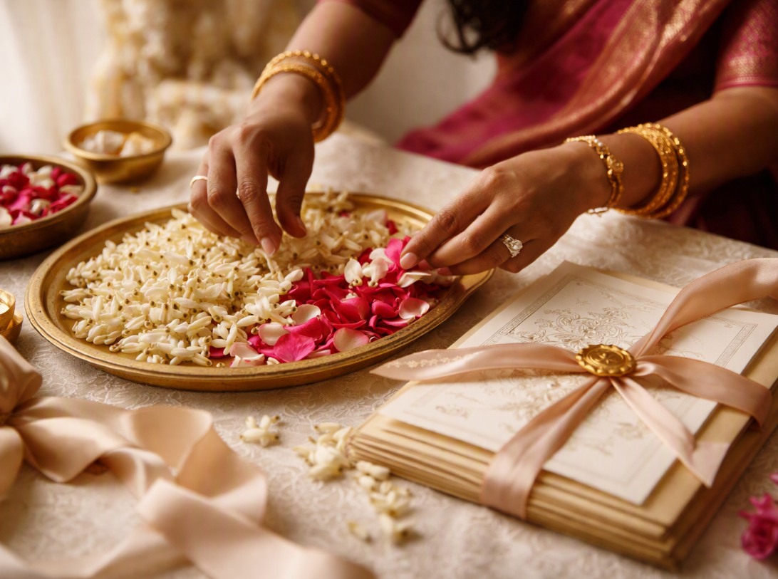 Hands arranging jasmine and rose petals on a brass tray beside a ribbon-tied wedding invitation
